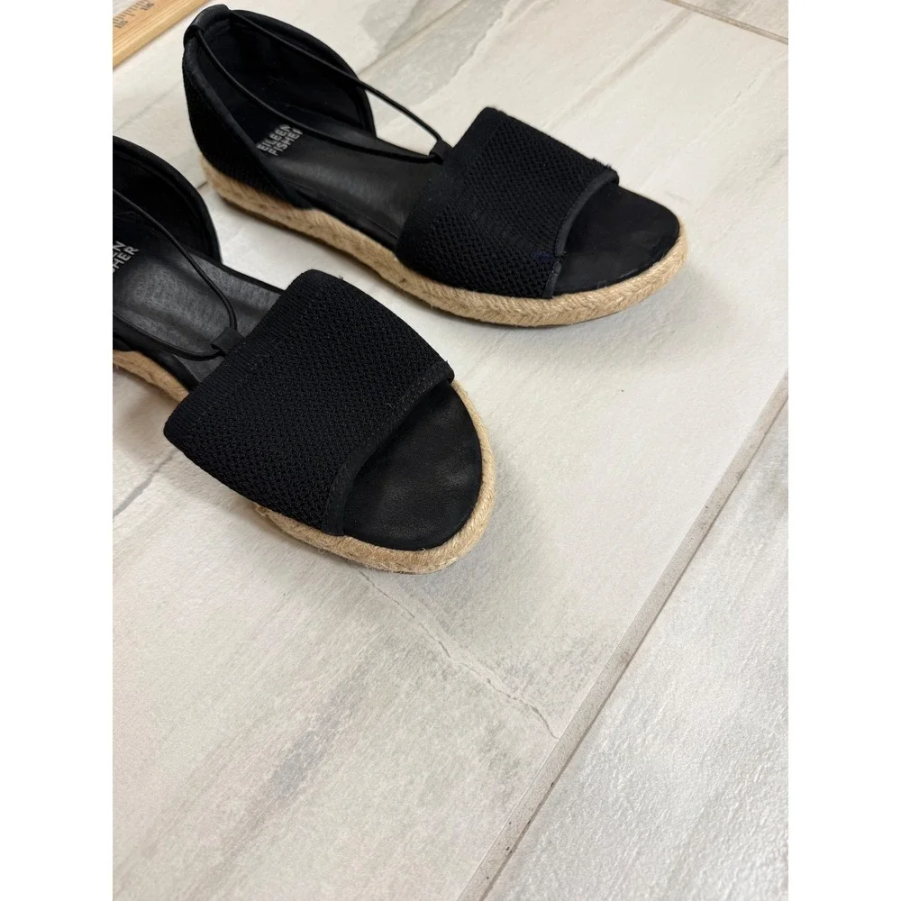 Eileen Fisher Women Black Knit Espadrille Flat Sandals Open Toe D'Orsay 7.5